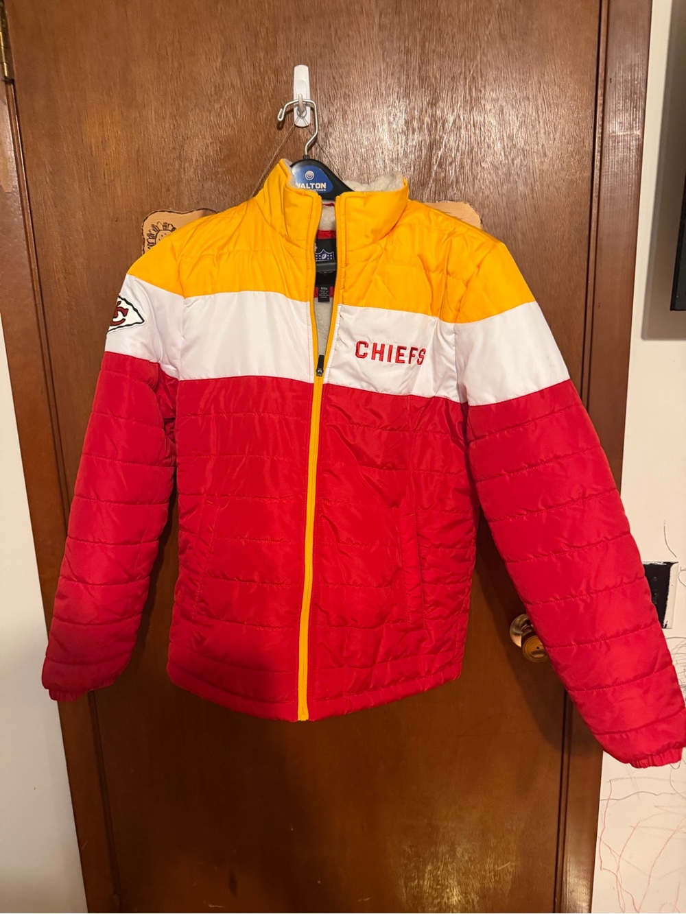 NFL Chiefs Colorblock Puffer Jacket in Red, Yellow & White